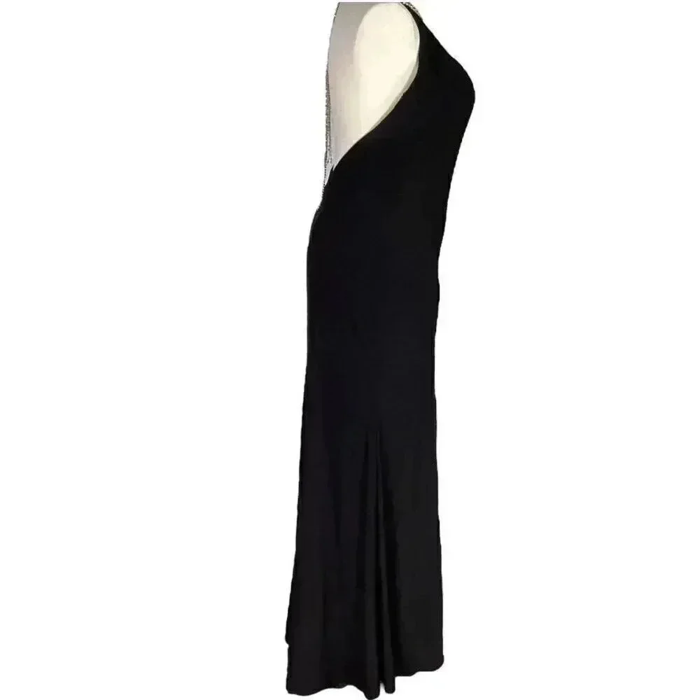 Mac Duggal Body Con Gown Dress Womens 12 Black Beaded Halter Jersey Maxi NEW